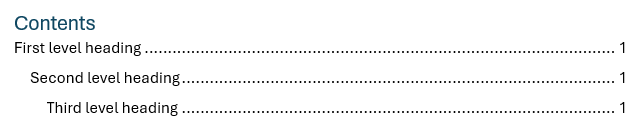 Basic table of contents example in Word